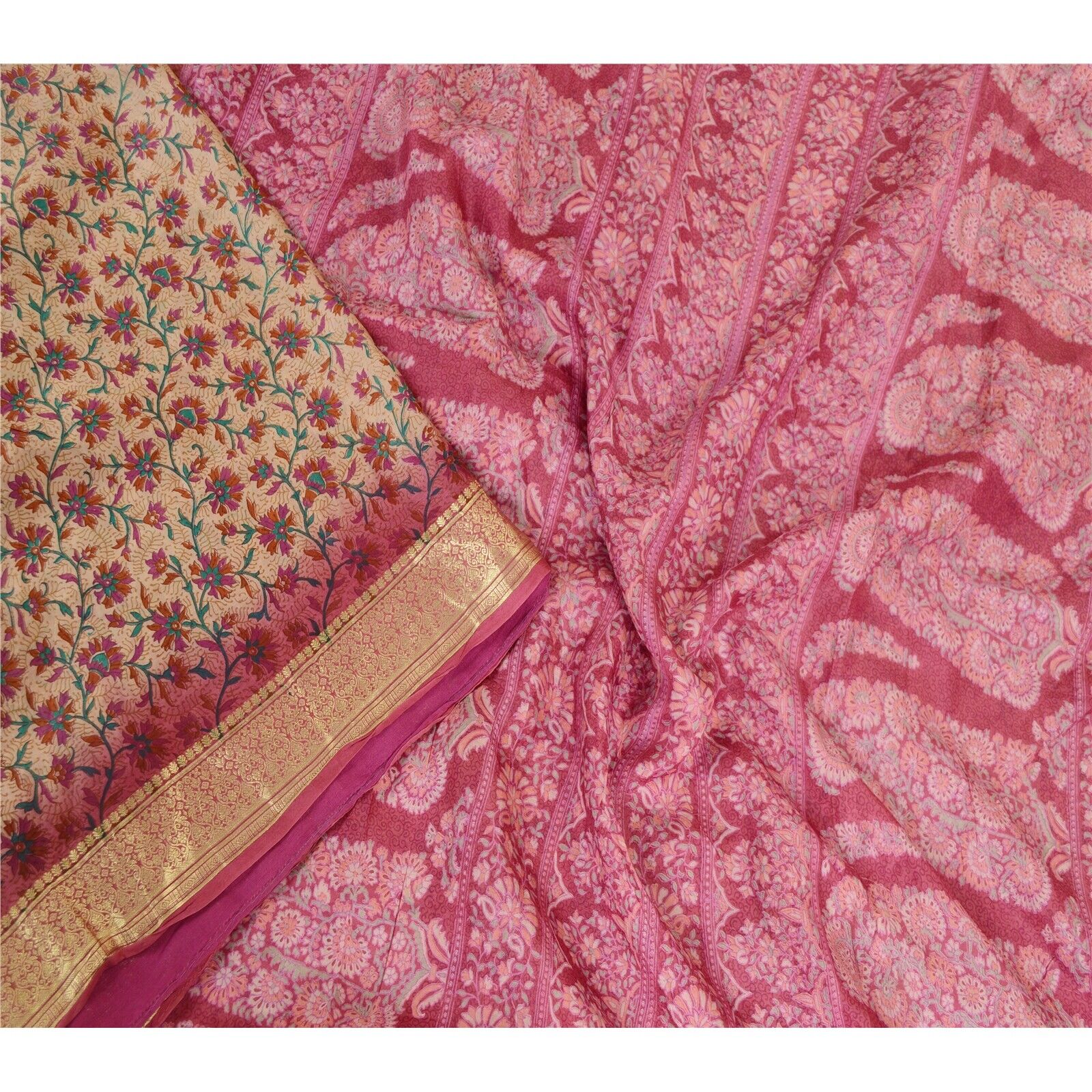 Sanskriti Vintage Sarees Purple Zari Border Pure Silk Printed Sari Craft Fabric