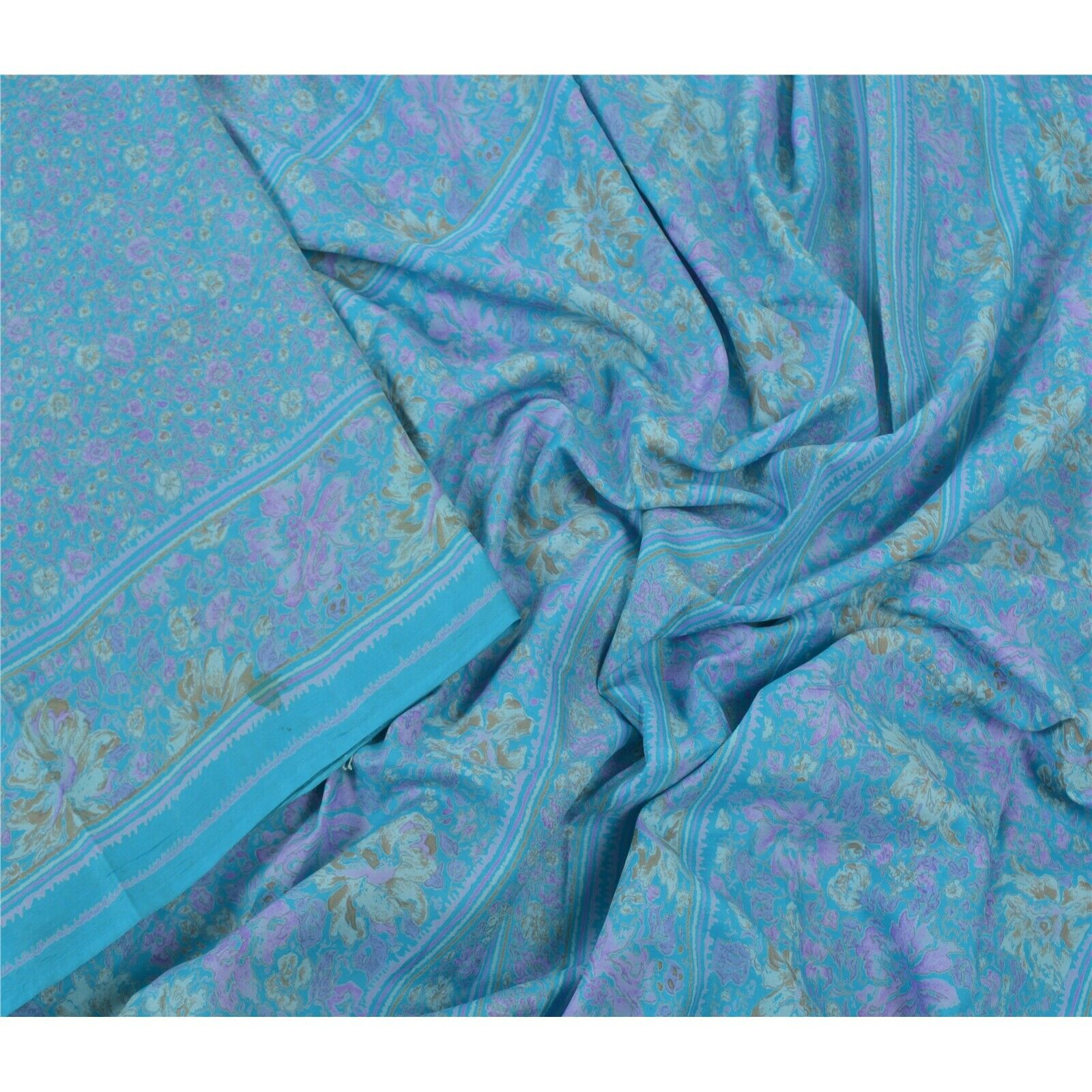 Sanskriti Vintage Blue Indian Sarees Pure Silk Printed Sari Soft Craft Fabric