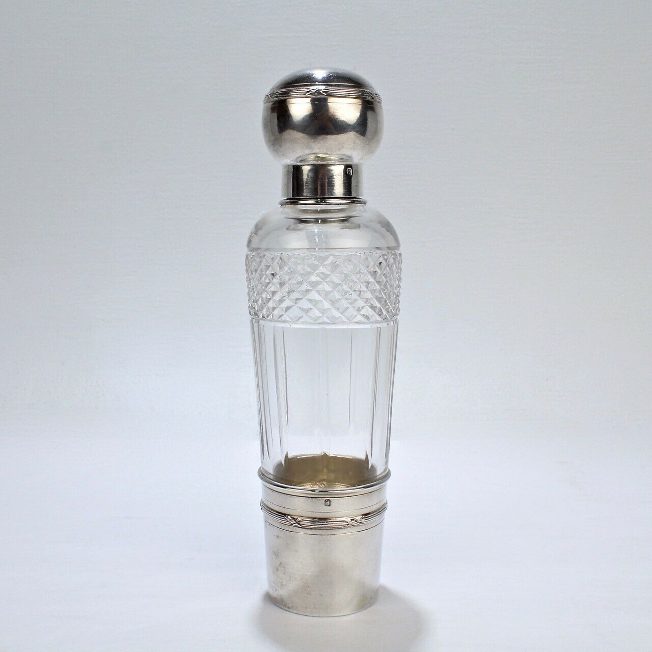 French Art Deco Cut Glass & Sterling Silver Liquor Or Whisky Flask By Chambin Sl