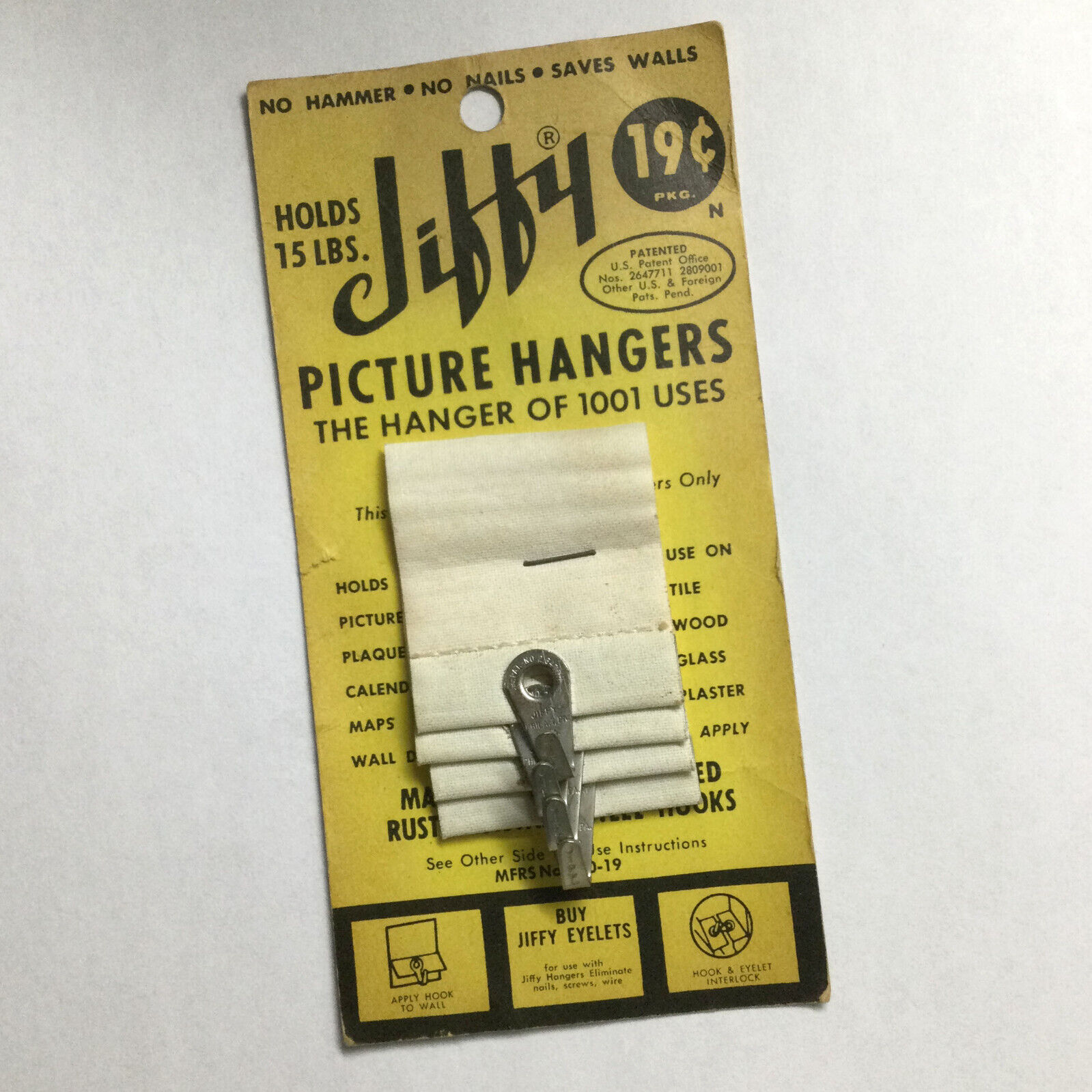 1962 Jiffy Picture Hangers. Retail Yellow And Black. Great Retro Type. 19¢ For 4