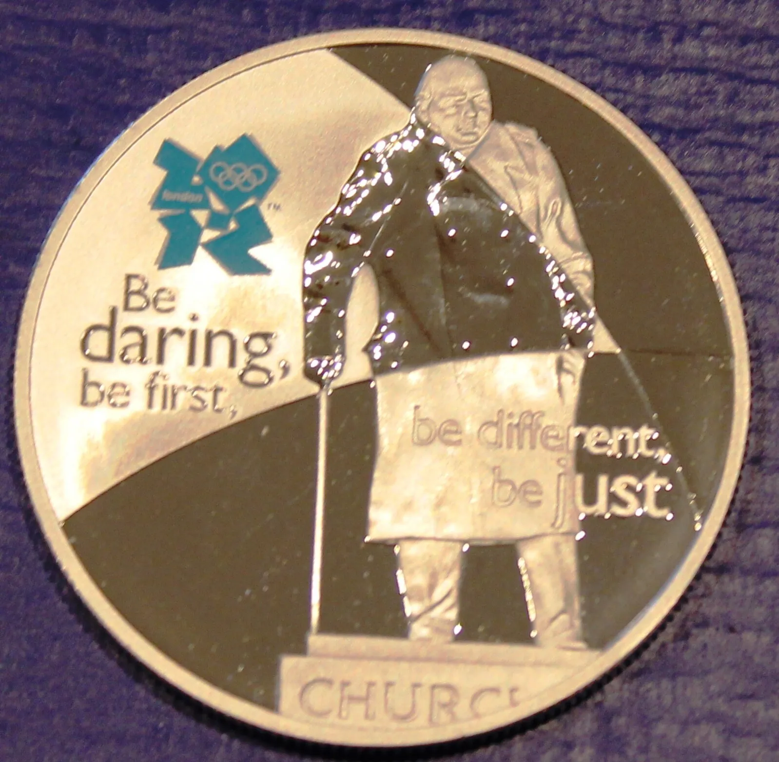 Great Britain 5£ Silver Proof 2010 London Olympics Churchill Statue W/blue Logo