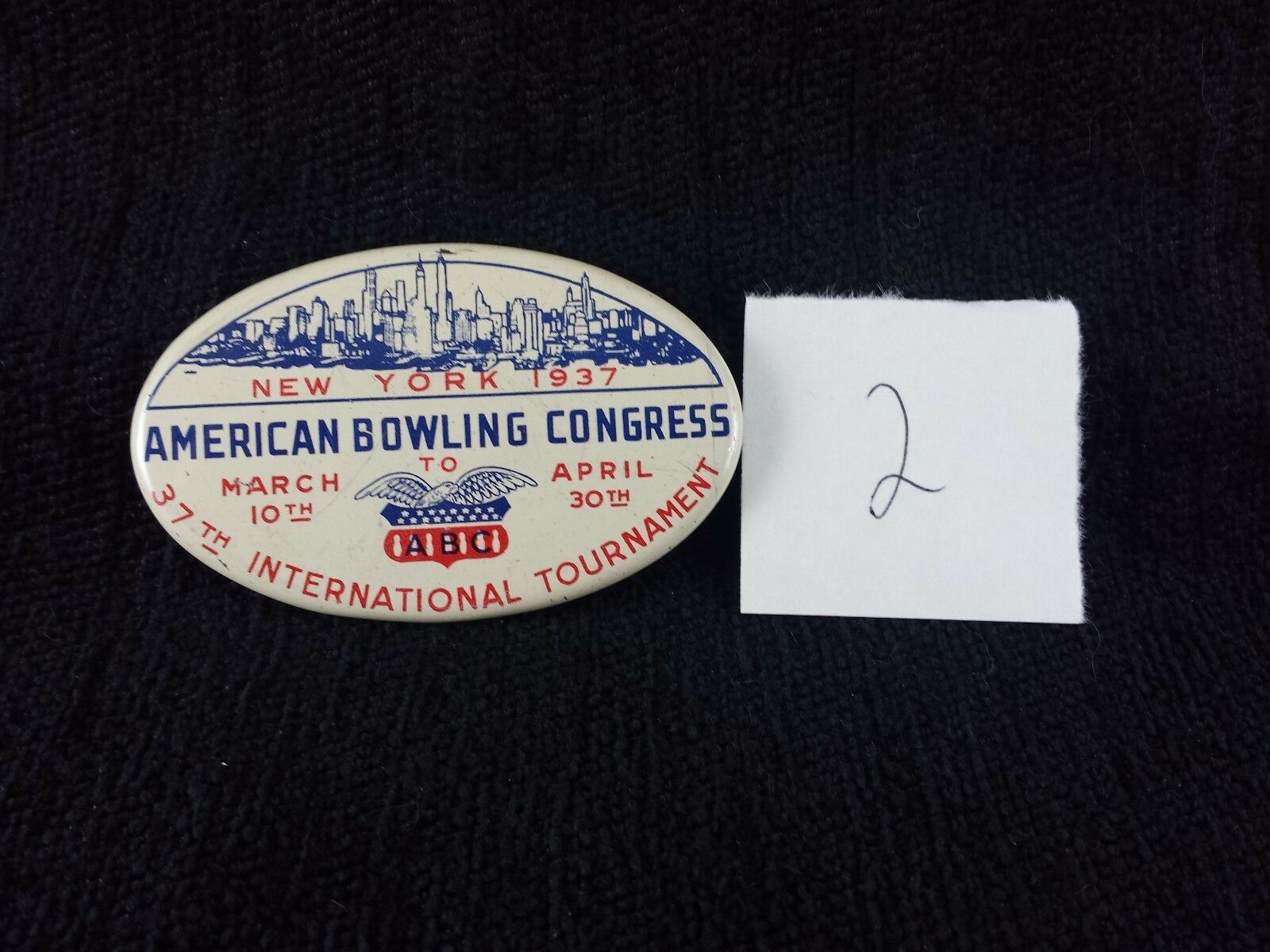 1937  American Bowling Congress Tournament Pin Pin Back Button Medal