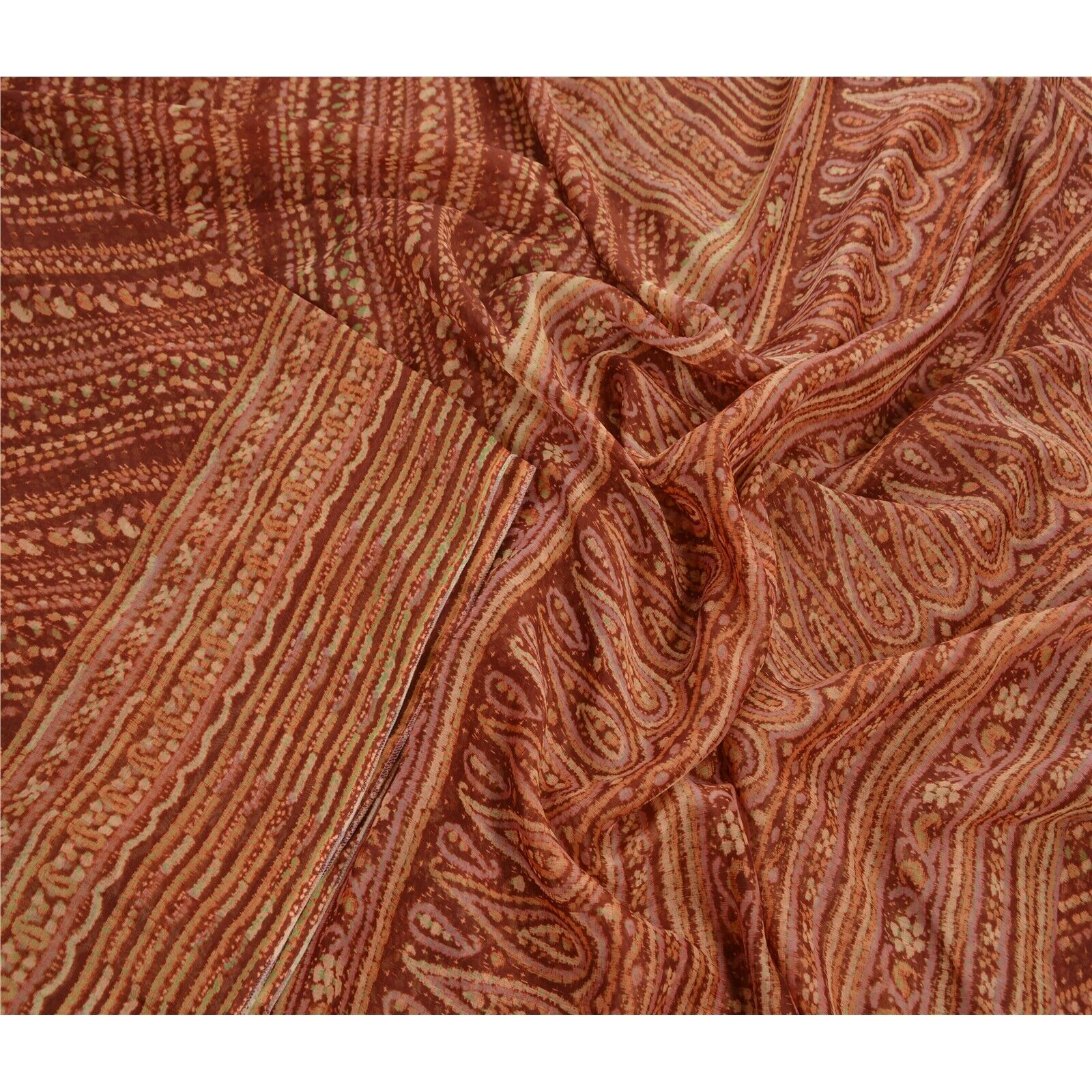 Tcw  Vintage  Sarees Art Silk Brown Printed Sari Craft 5 Yard Fabric