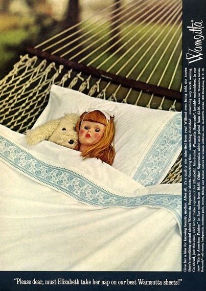 1962 Wamsutta Print Ad Fashion Sheets Pillow Cases Doll & Stuffed Puppy Hammock
