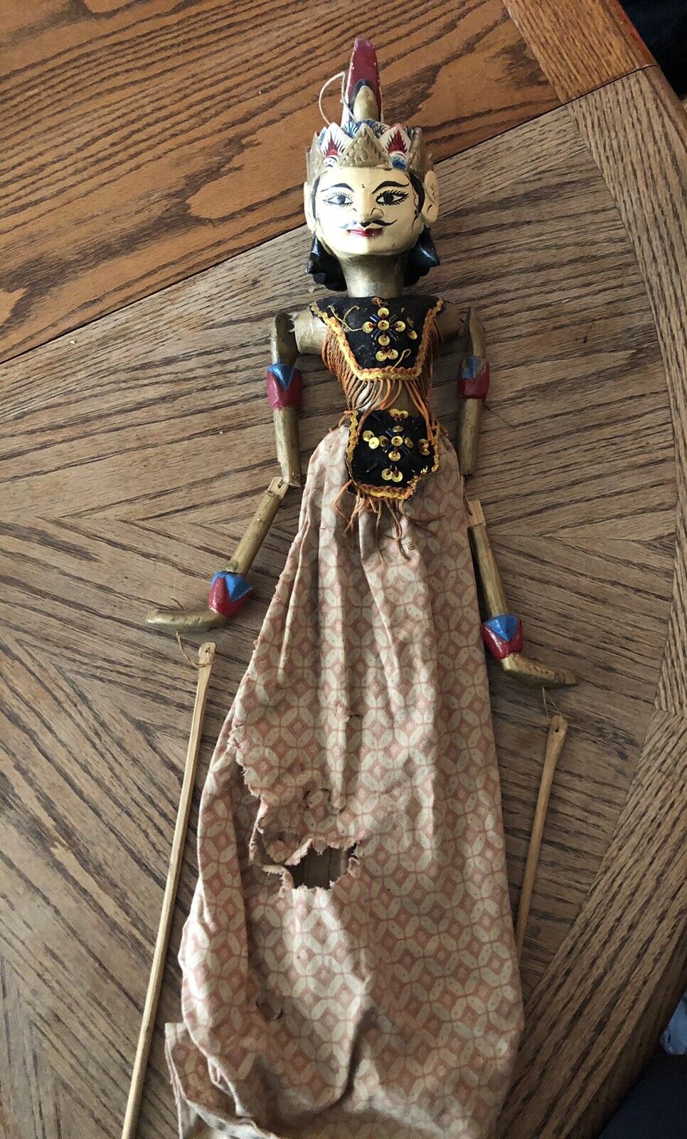 Vintage Indonesian Wayang Golek Wooden Marionette Rod Puppet Doll Clothing Torn