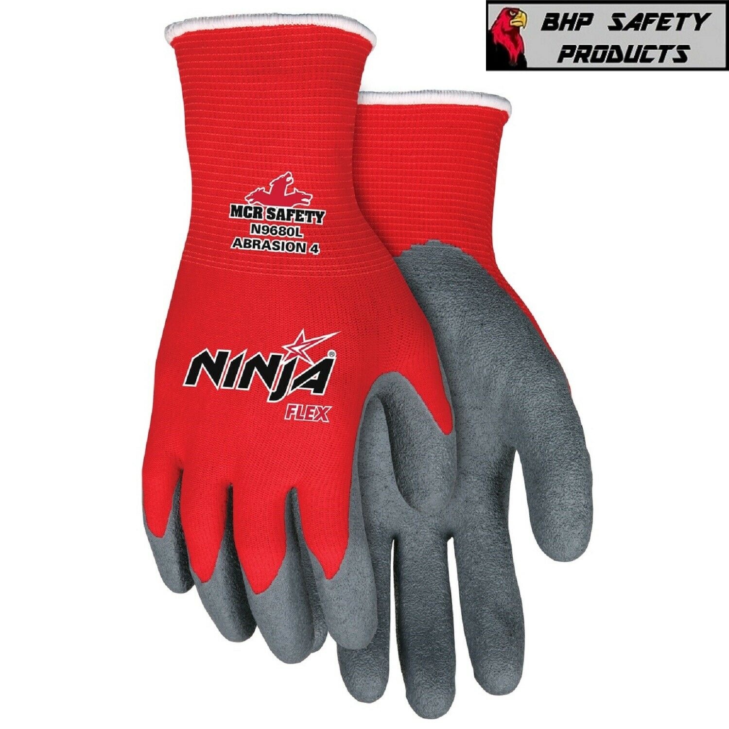 Ninja Flex N9680, 15 Gauge Red Nylon Shell, Gray Latex Palm Work Gloves (s-xl)