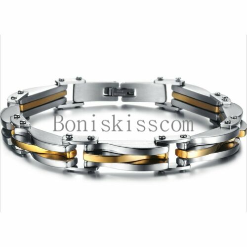 Two Tone Stainless Steel Men's Chain Link Bracelet Wristband Cuff Bangle 8.66"