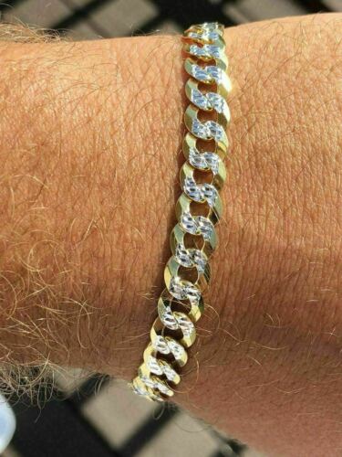 Mens Cuban Bracelet Diamond Cut Two Tone Real 14k Gold & Solid 925 Silver Italy