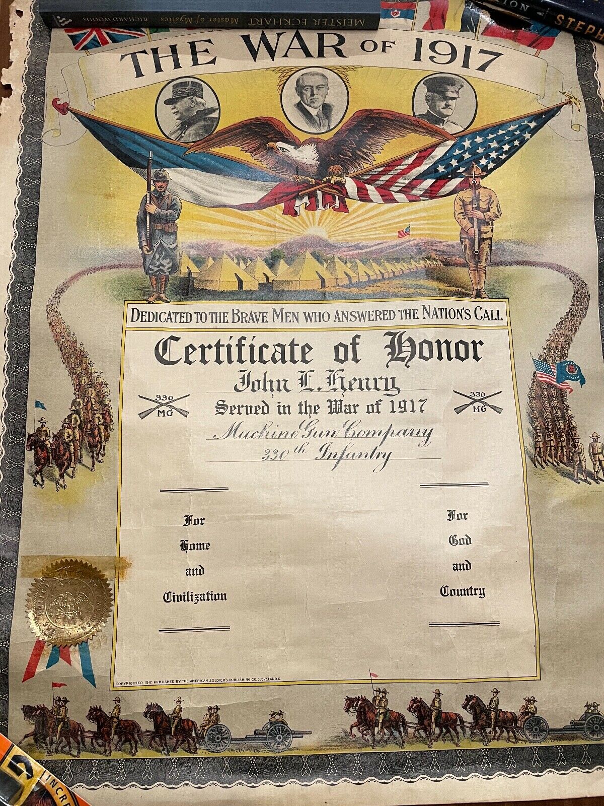 Original The War Of 1917 Certificate Of Honor Machine Gun Co. 330th Infantry Ww1