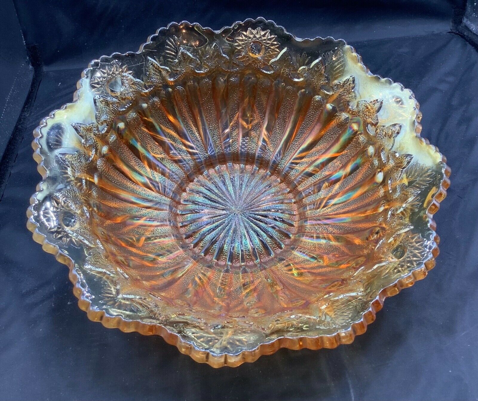 Carnival Awesome Radium Marigold Millersburg Rays & Ribbons Round Flaired Bowl