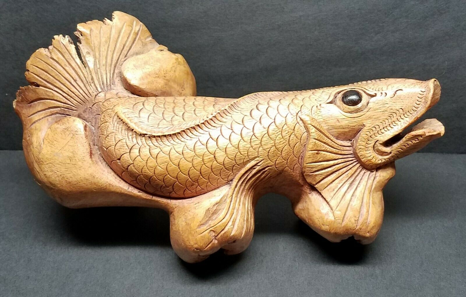 Vintage Hand Carved Koi Fish Of Indonesian Burl Wood