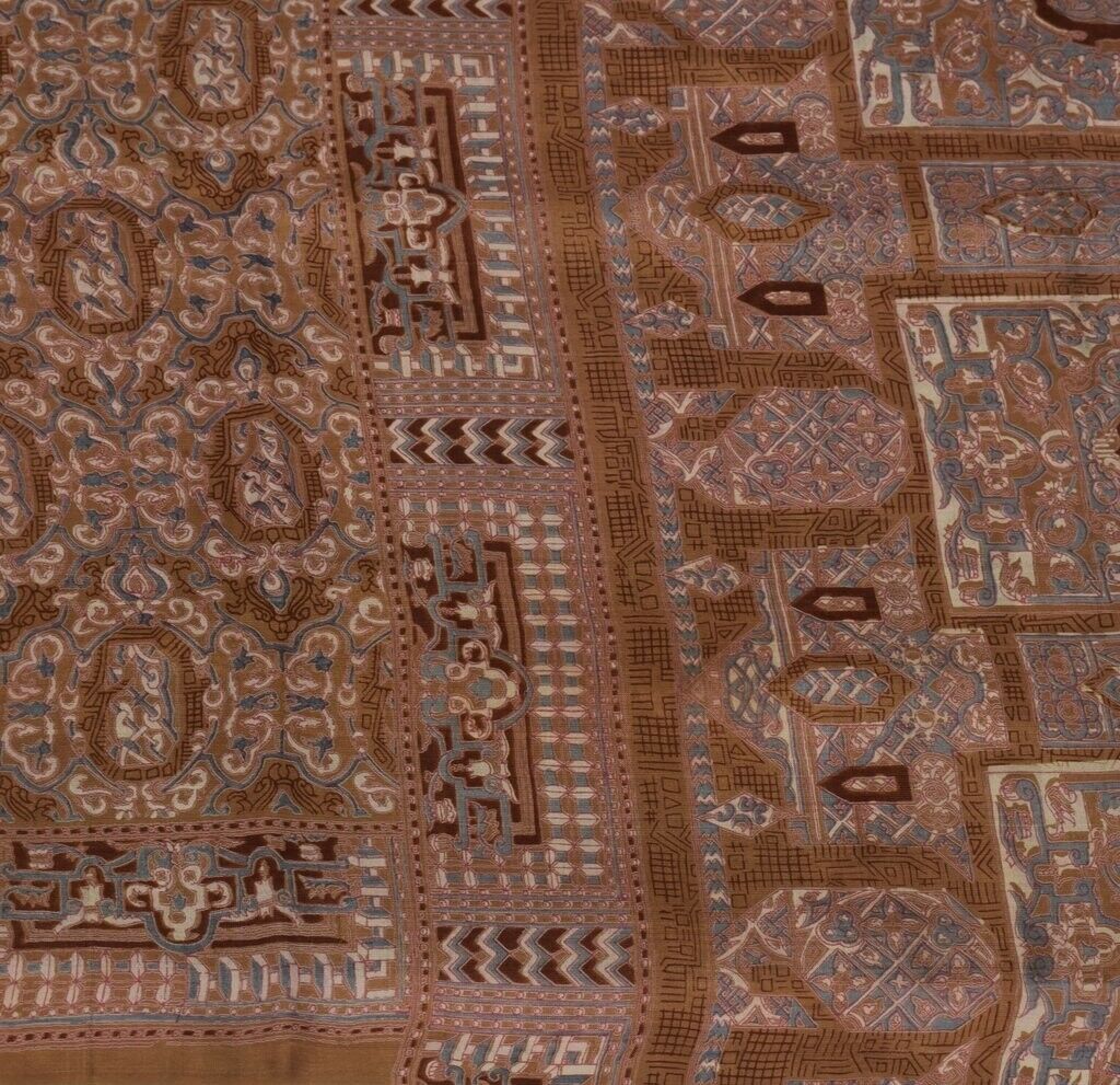 Vintage Indian Saree 100% Pure Silk Printed Brown Craft Sari 5 Yard Fabric