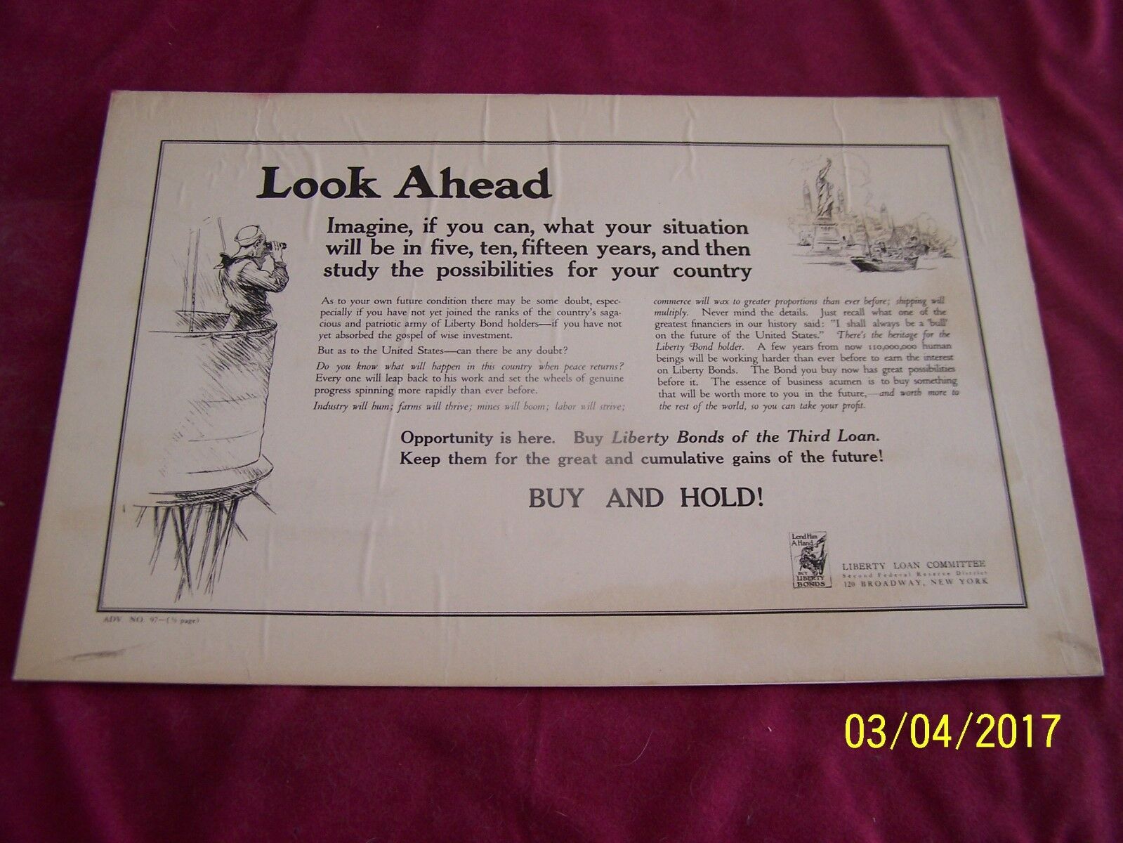 " Look Ahead "imagine If You Can. Ww1 Buy And Hold Liberty Bonds Poster Adv. #97