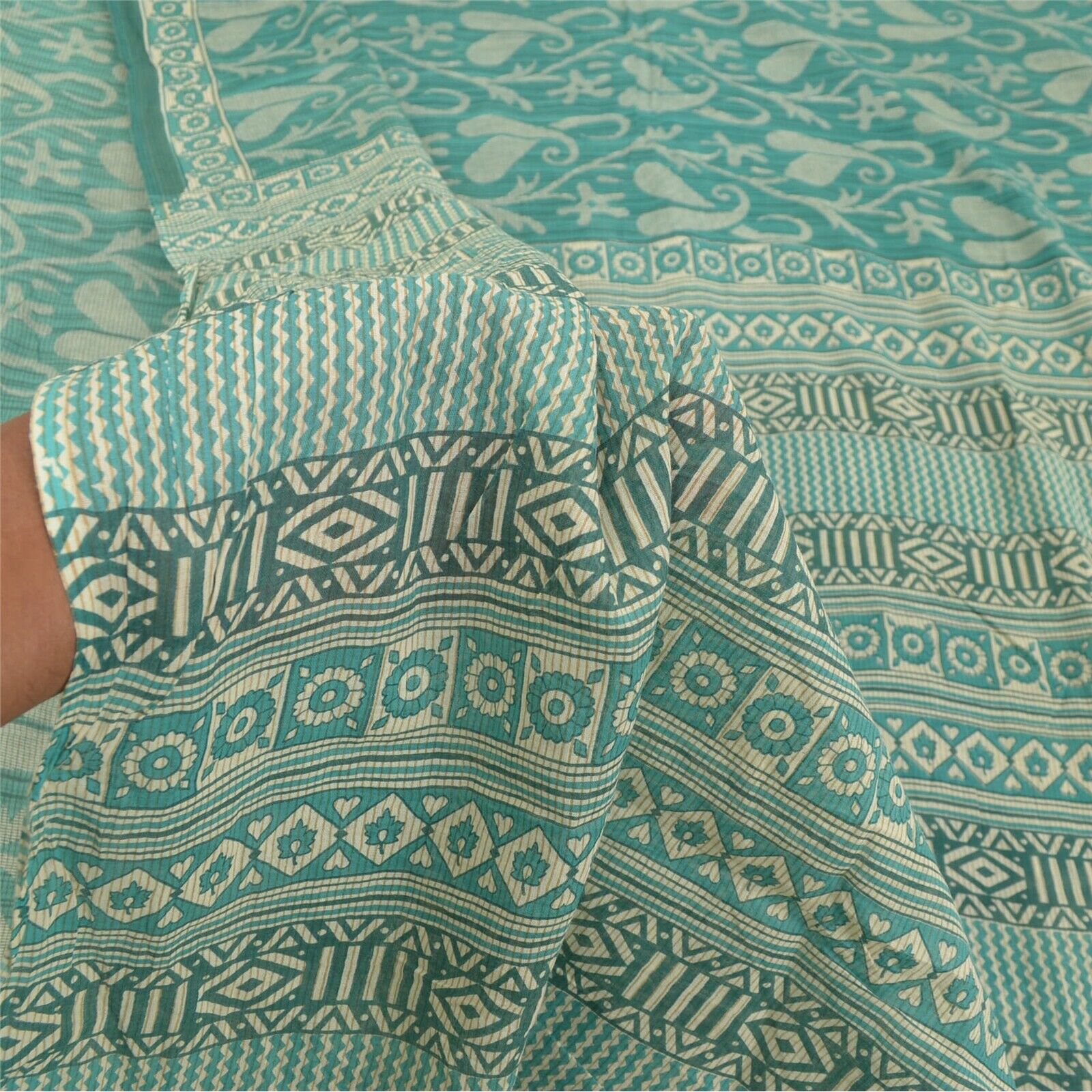 Sanskriti Vintage Green Sarees Pure Cotton Printed Sari Floral 5yd Sewing Fabric