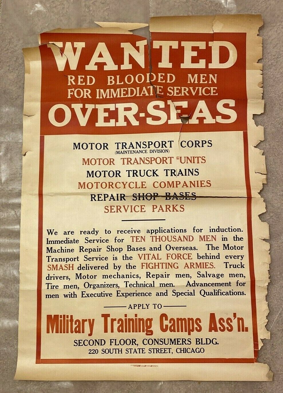 “wanted Red Blooded Men For Immediate Service Over-seas” Original Wwi Poster