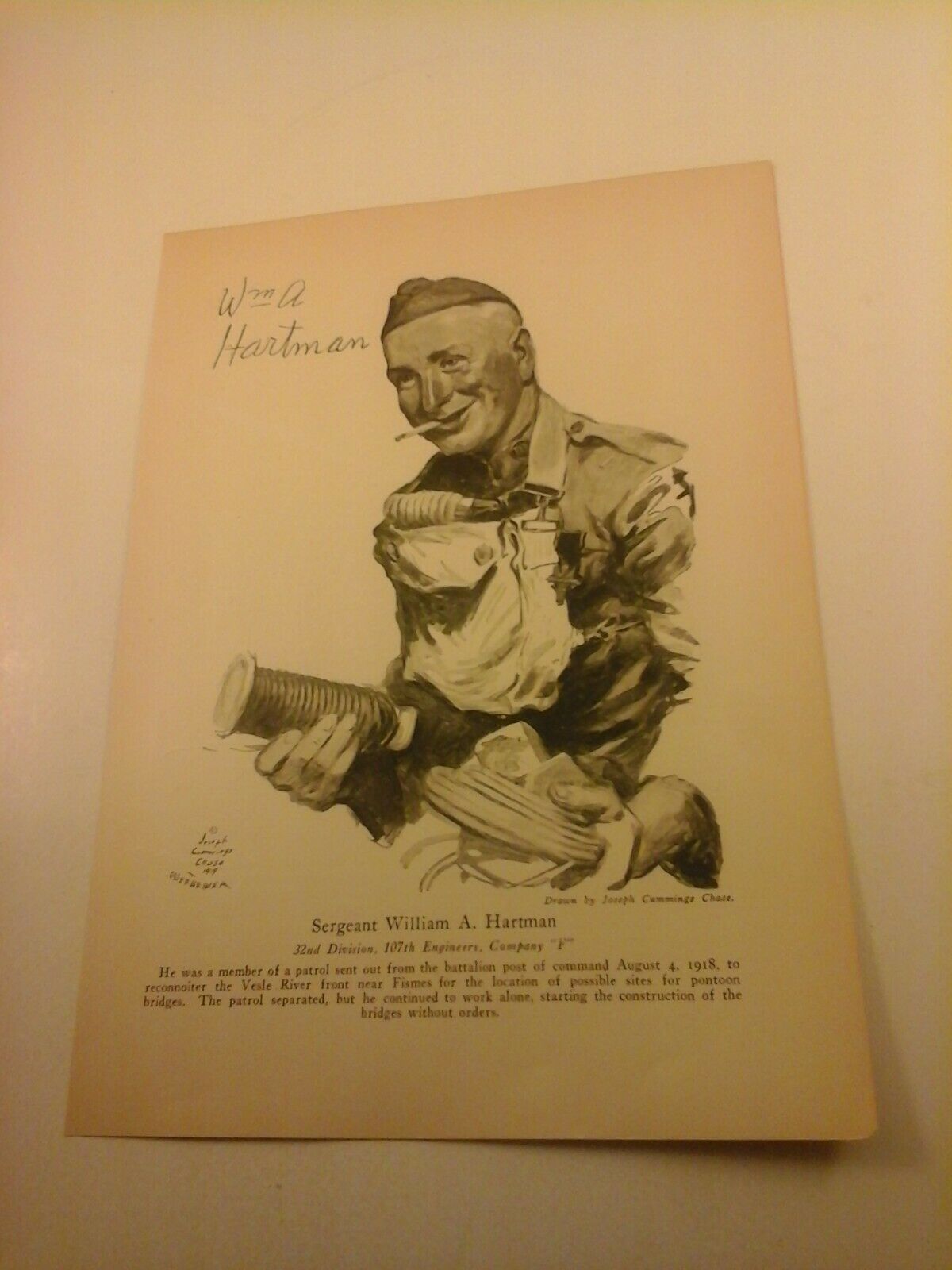 Vtg 1920 Wwi Art Print Of Wwi Hero Sgt. William A. Hartman 32nd Div. 107th Eng F