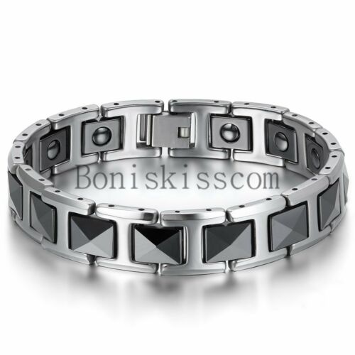 Silver Tungsten Carbide Black Ceramic Link Men's Magnetic Healthy Bracelet