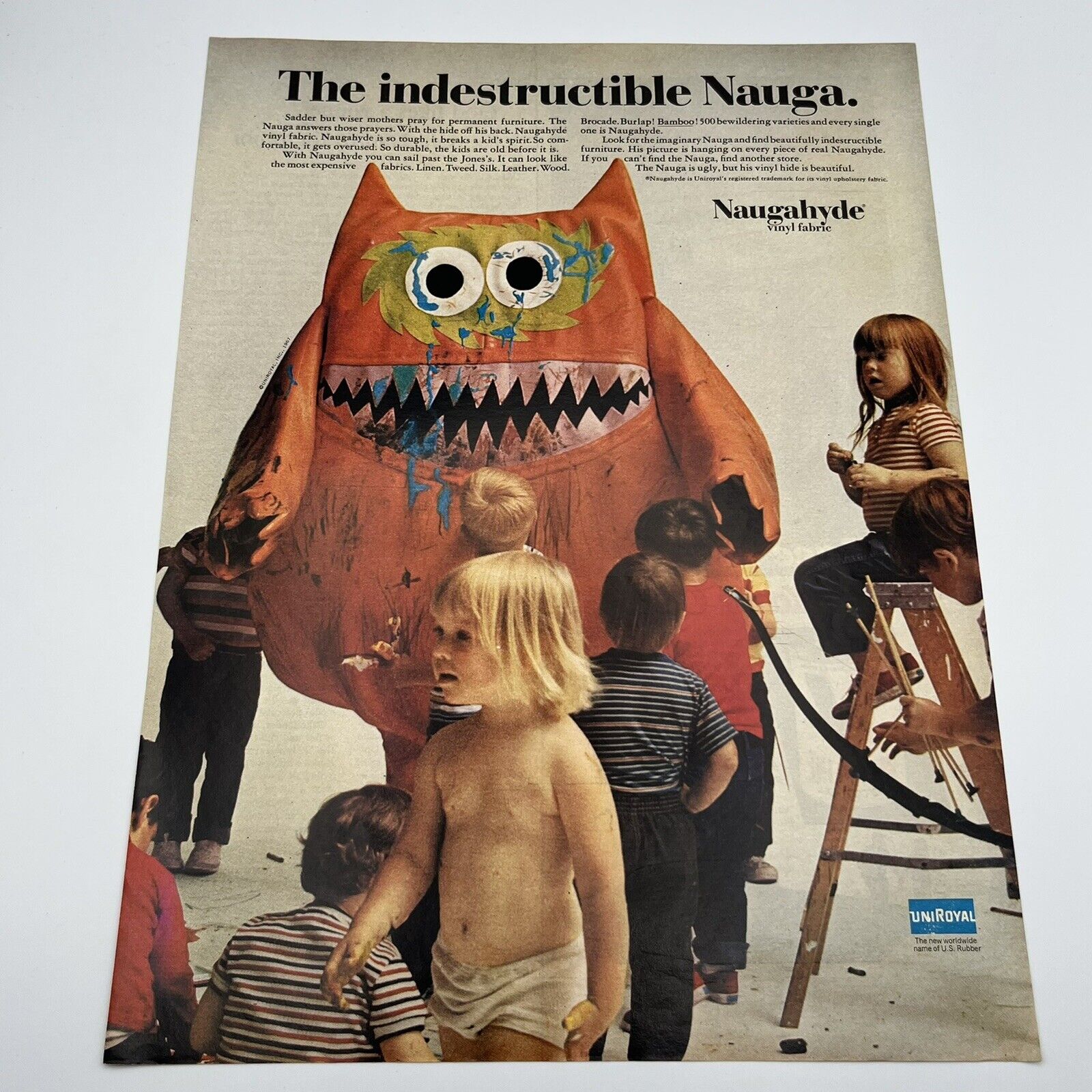 1967 Naugahyde Vinyl Fabric Vintage Print Ad 13.5x10" Nauga Monster Uniroyal