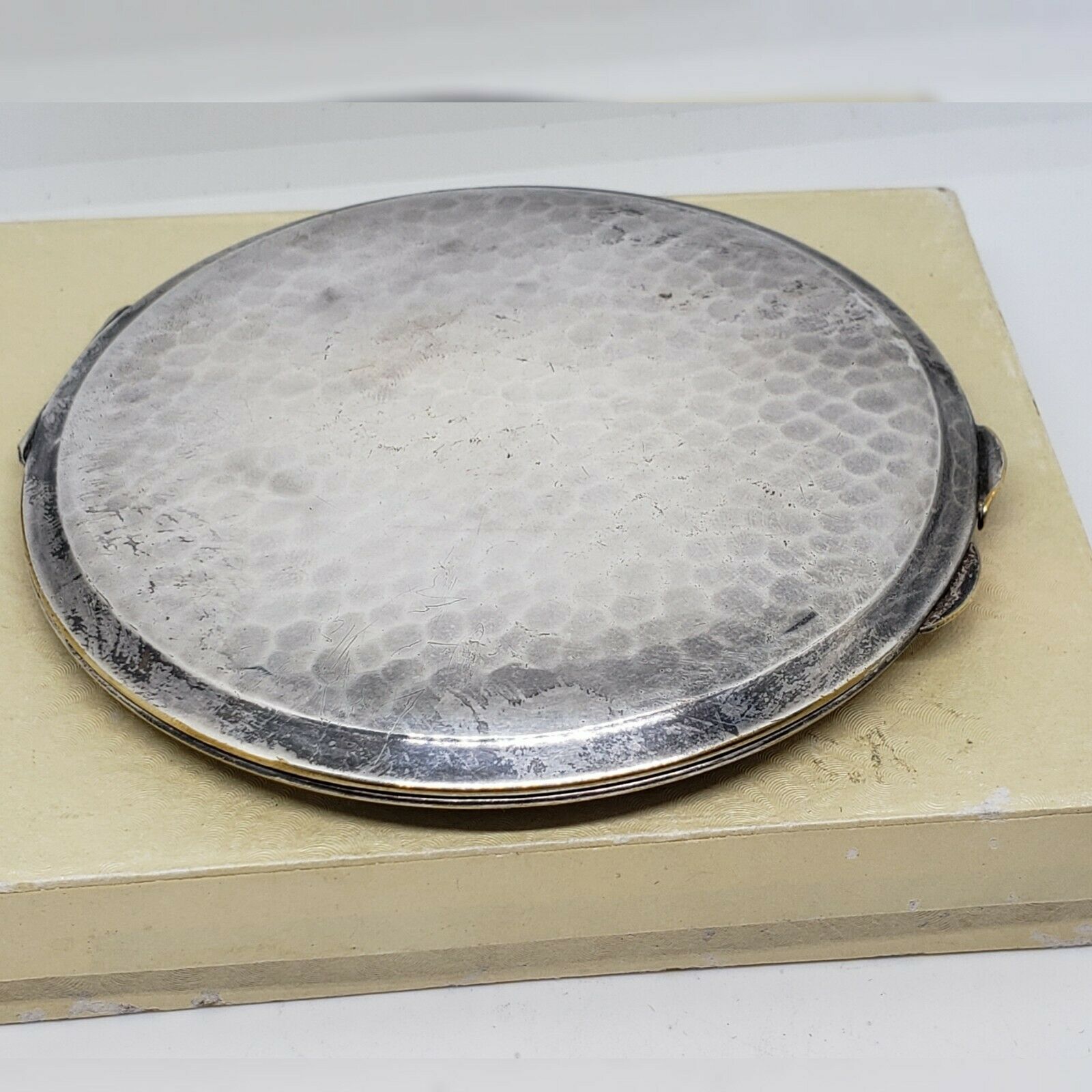 Vintage Hand Hammered Silver Plated And Gilt Powder Compact Signed J.p.c.