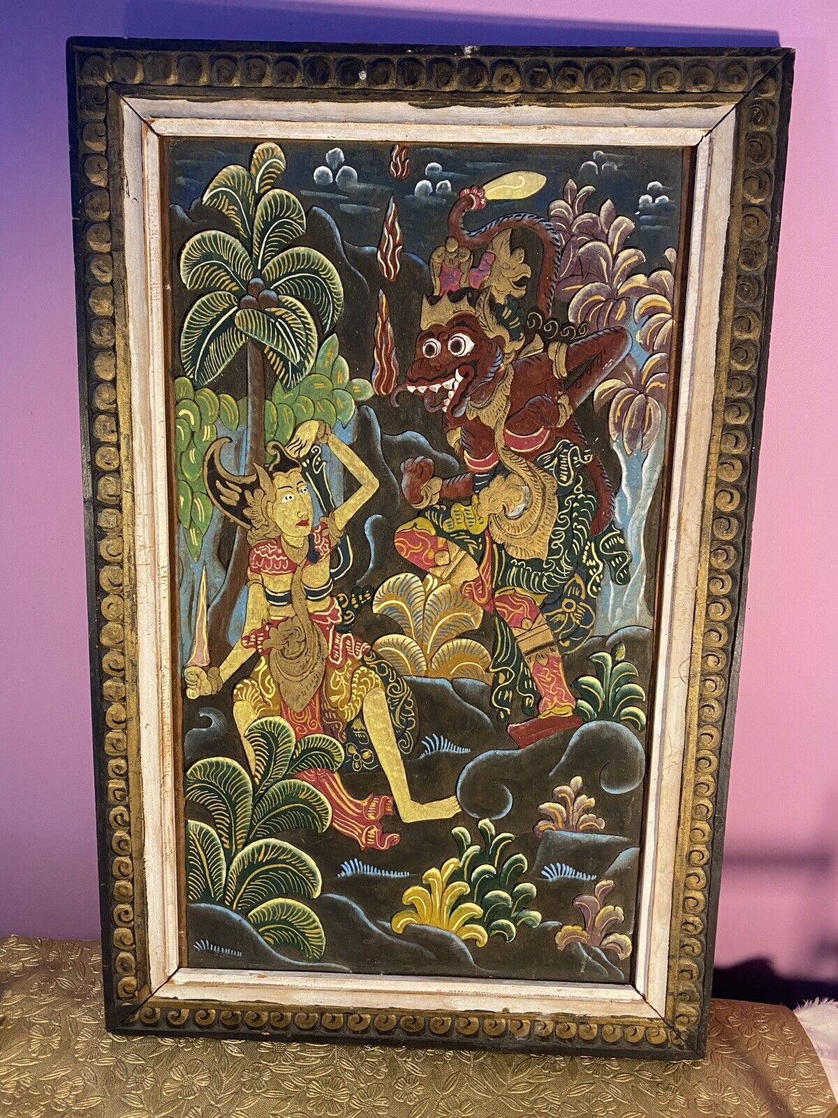 Wood Carved Balinese Dancer And Demon Made In Indonesia Chalk Colored Picture