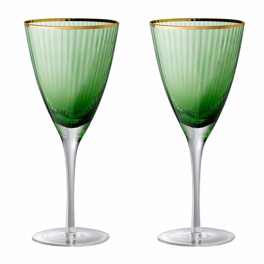 A&b Home Green Ripple Wine Glasses With Gold Rim D4x9" Set Of 2
