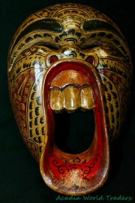 Balinese Mask Screaming Demon Tattoo Bali Folk Art Hand Carved Wood Beige