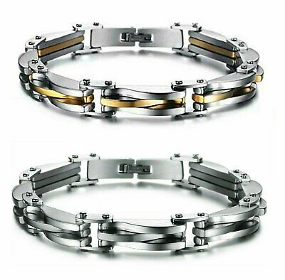 Two Tone Stainless Steel Men's Chain Link Bracelet Wristband Cuff Bangle 8.66"