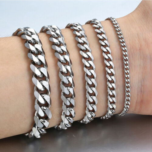 7-11" Mens Silver Stainless Steel Chain Bracelet 3/5/7/9/11/mm Cuban Curb Link