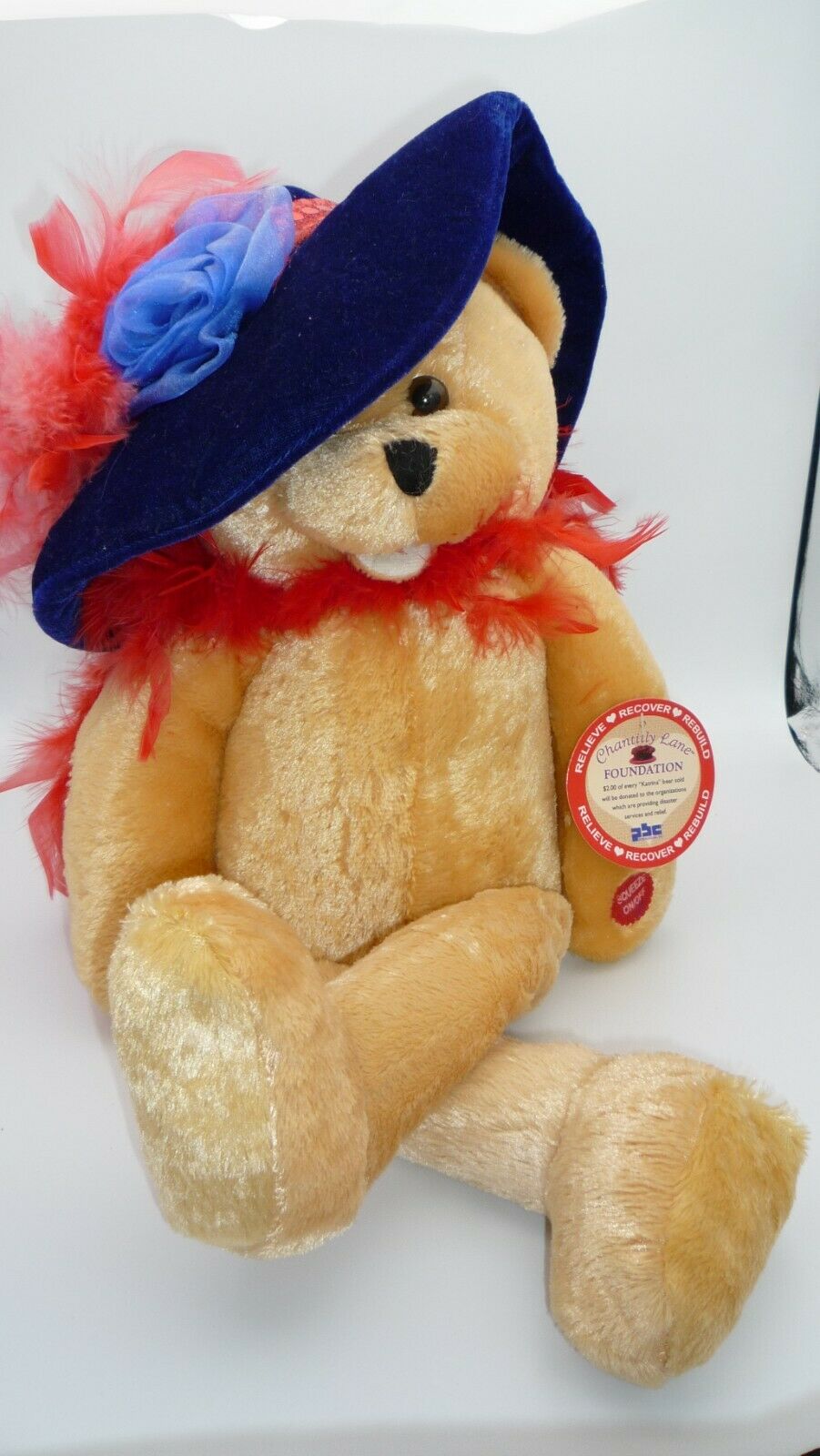 Vtg Chantilly Lane Musical Singing Dancing Bear Plush Royal Blue Hat & Red Boa