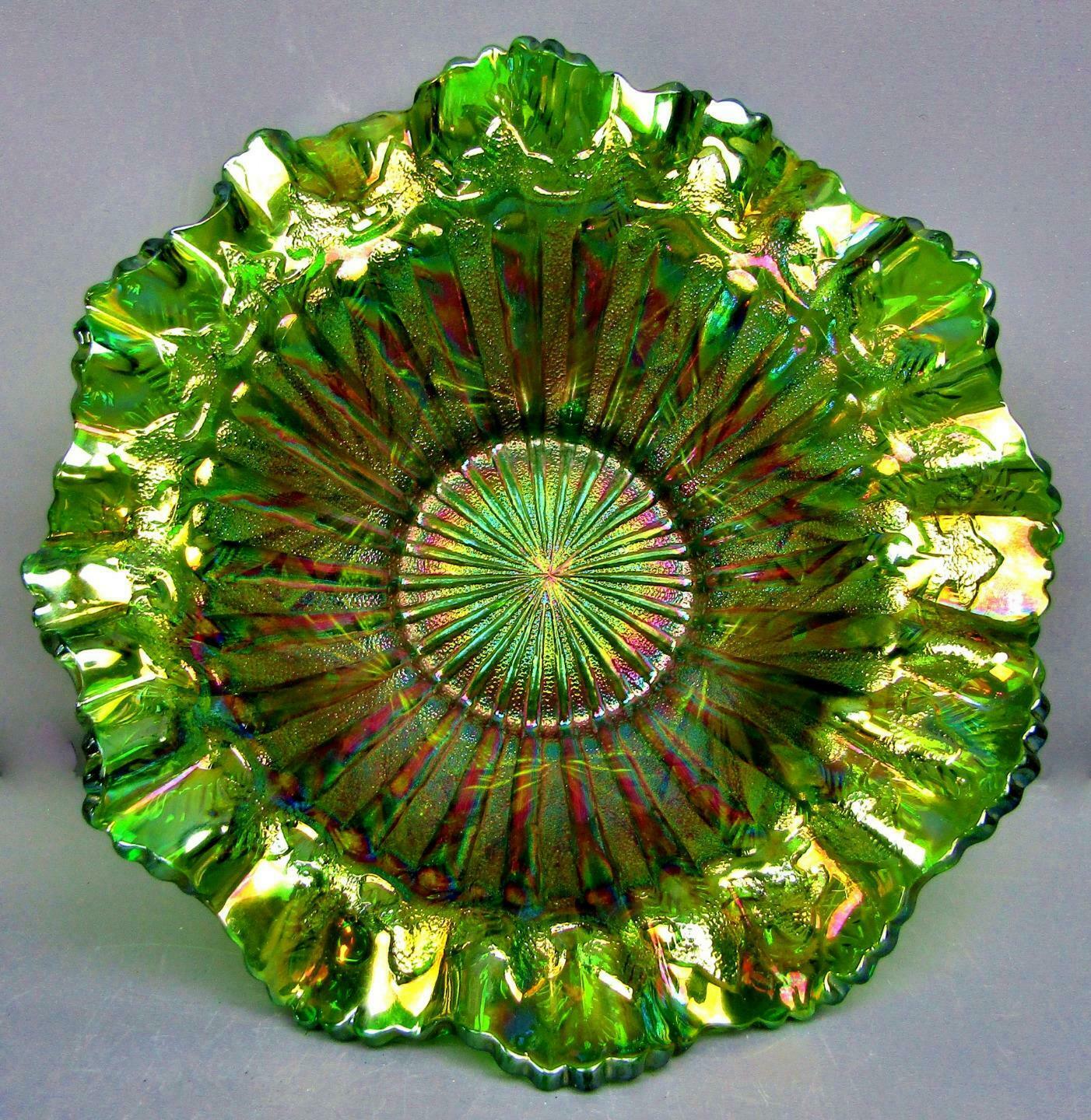 8027 Millersburg Rays & Ribbons Green Carnival Glass Double-crimped Shelfer Bowl