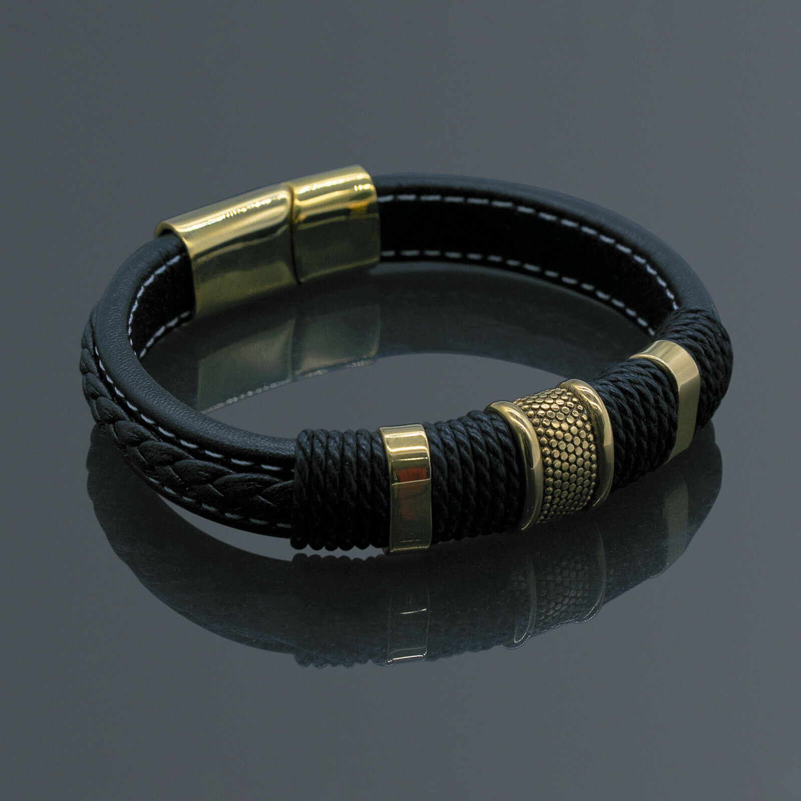 Men's Stainless Steel Leather Bracelet Magnetic Gold Clasp Bangle Cuff Black