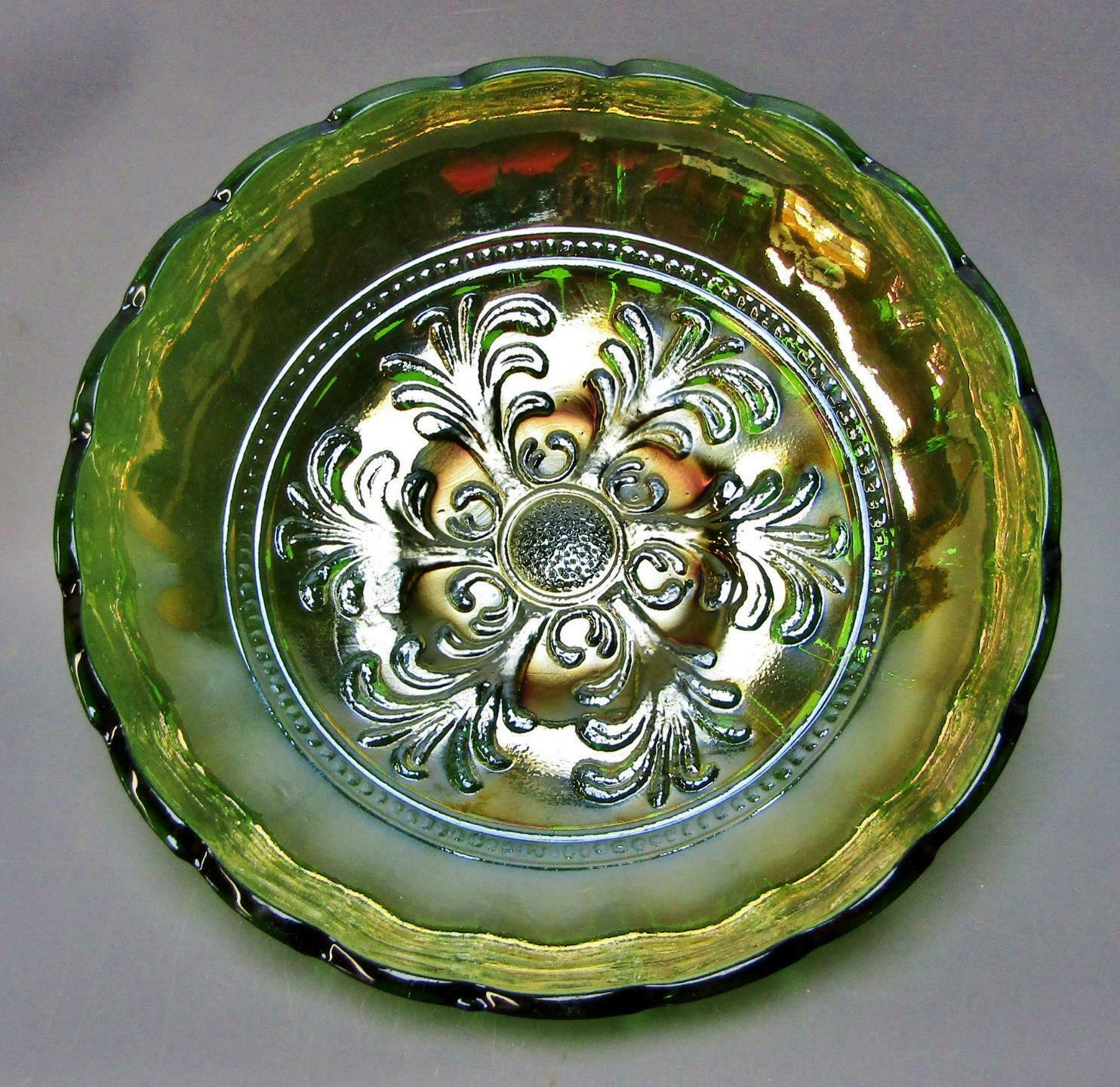 C012 Millersburg Mayan Green Carnival Glass 8" Ice Cream Shape Bowl