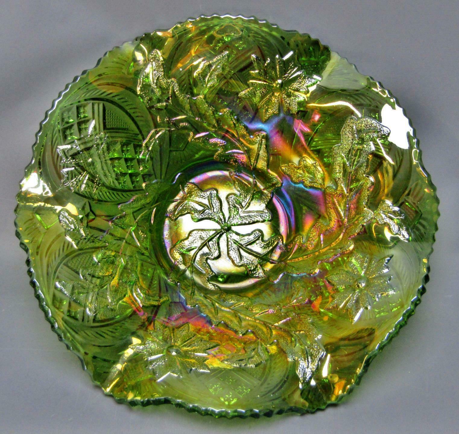 C038 Millersburg Whirling Leaves / Fine Cut Ovals Green Carnival Glass 10" Bowl
