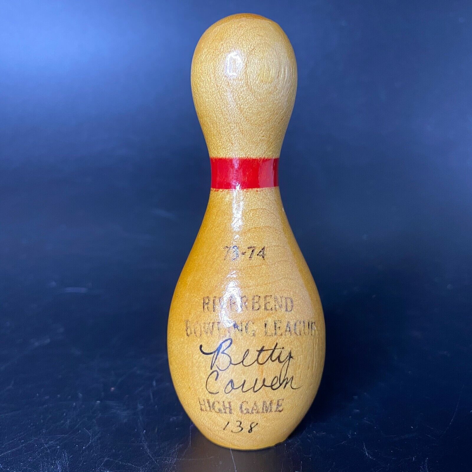 Vintage 1970's Mini Wooden Bowling Pin Trophy Award Riverbend League High Game