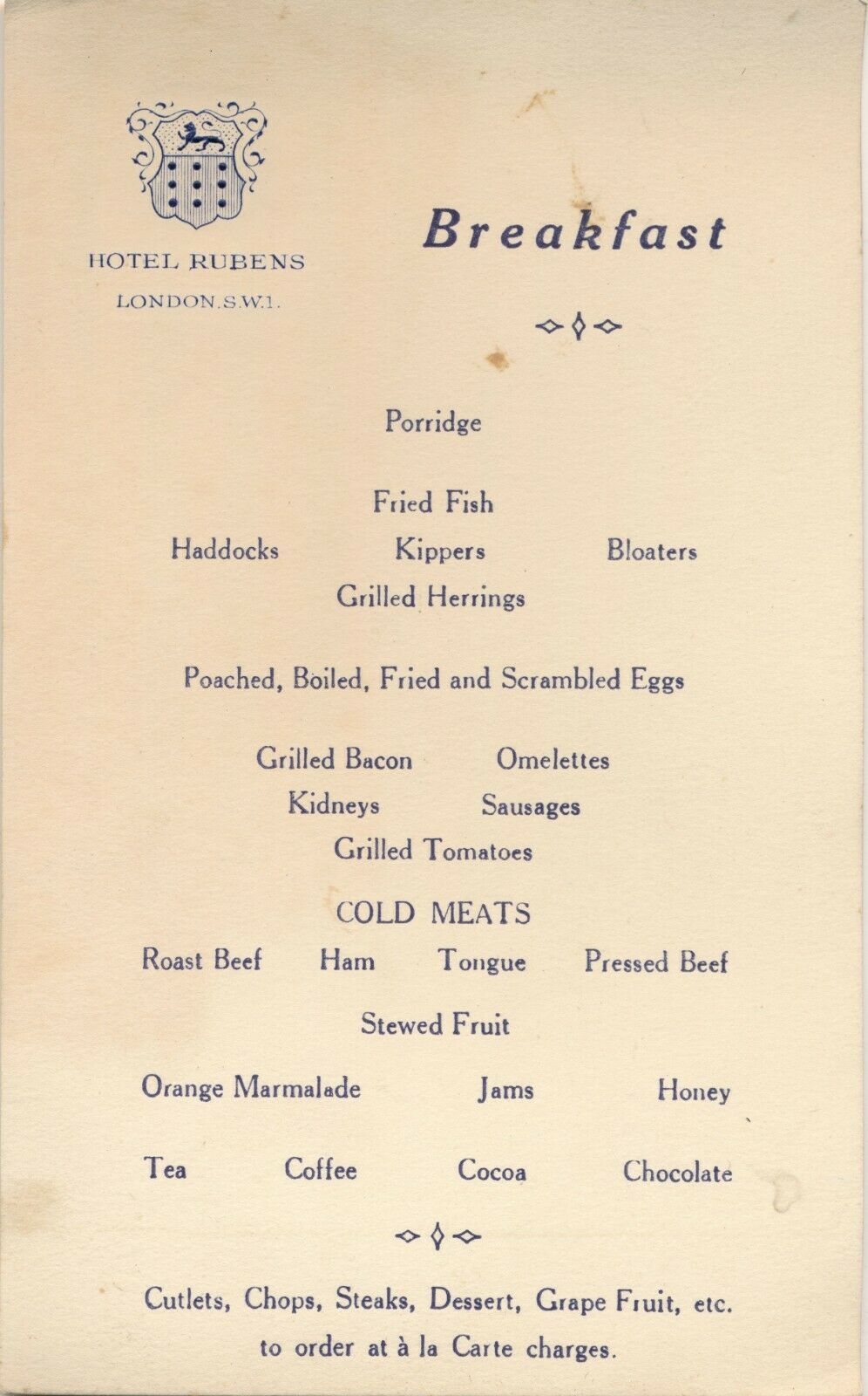 1937 Hotel Rubens, London Sw1 Uk Free Breakfast Menu