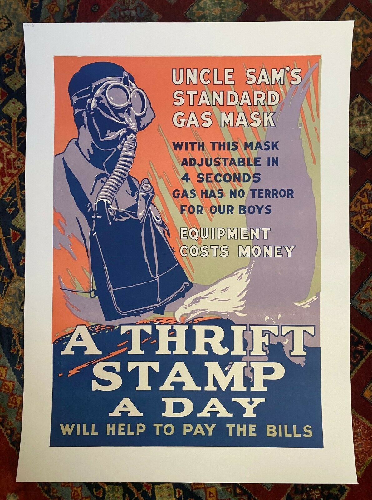 Wwi Vintage Poster 2018 "uncle Sam's Gas Mask Thrift Stamp" Linen Backed