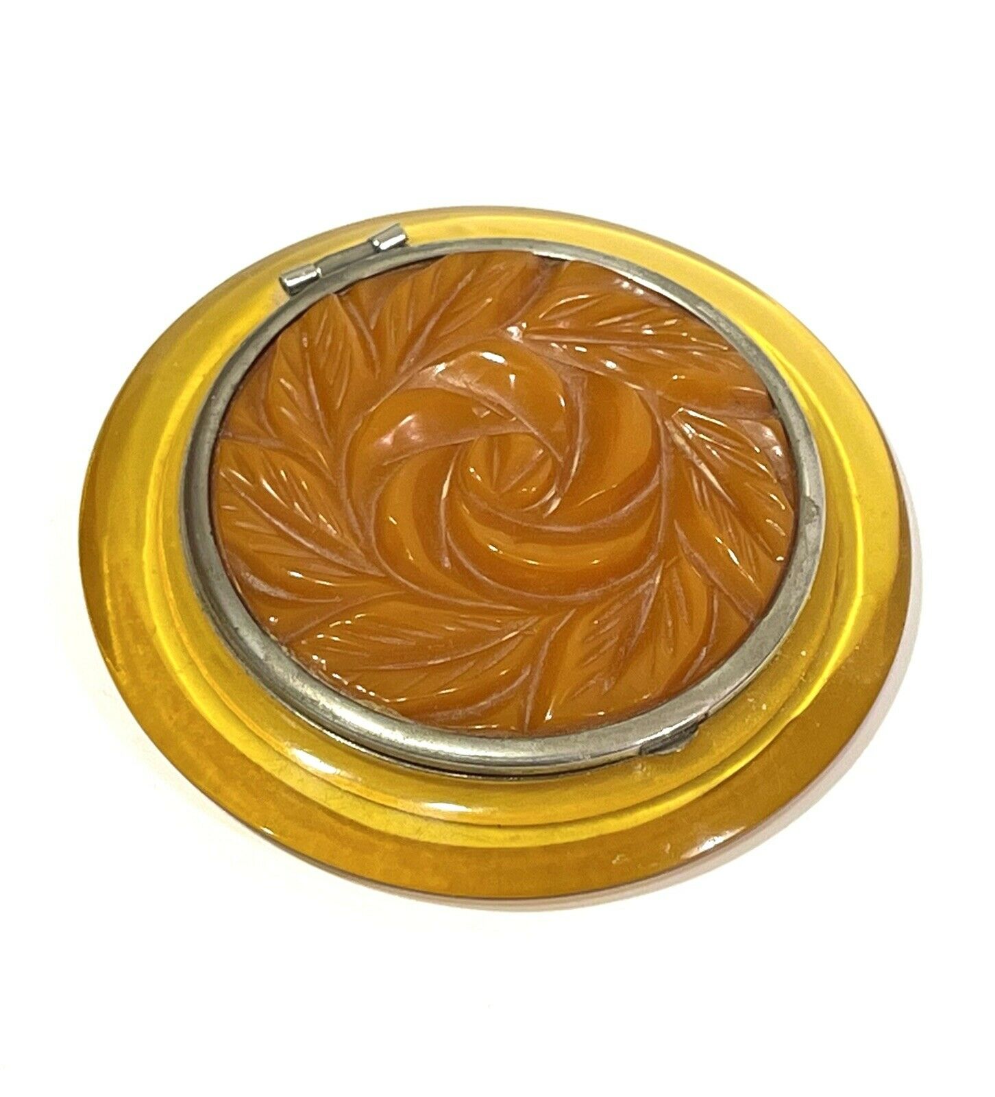 Vintage Carved Bakelite Compact Applejuice & Butterscotch Rare 1930s Collectible