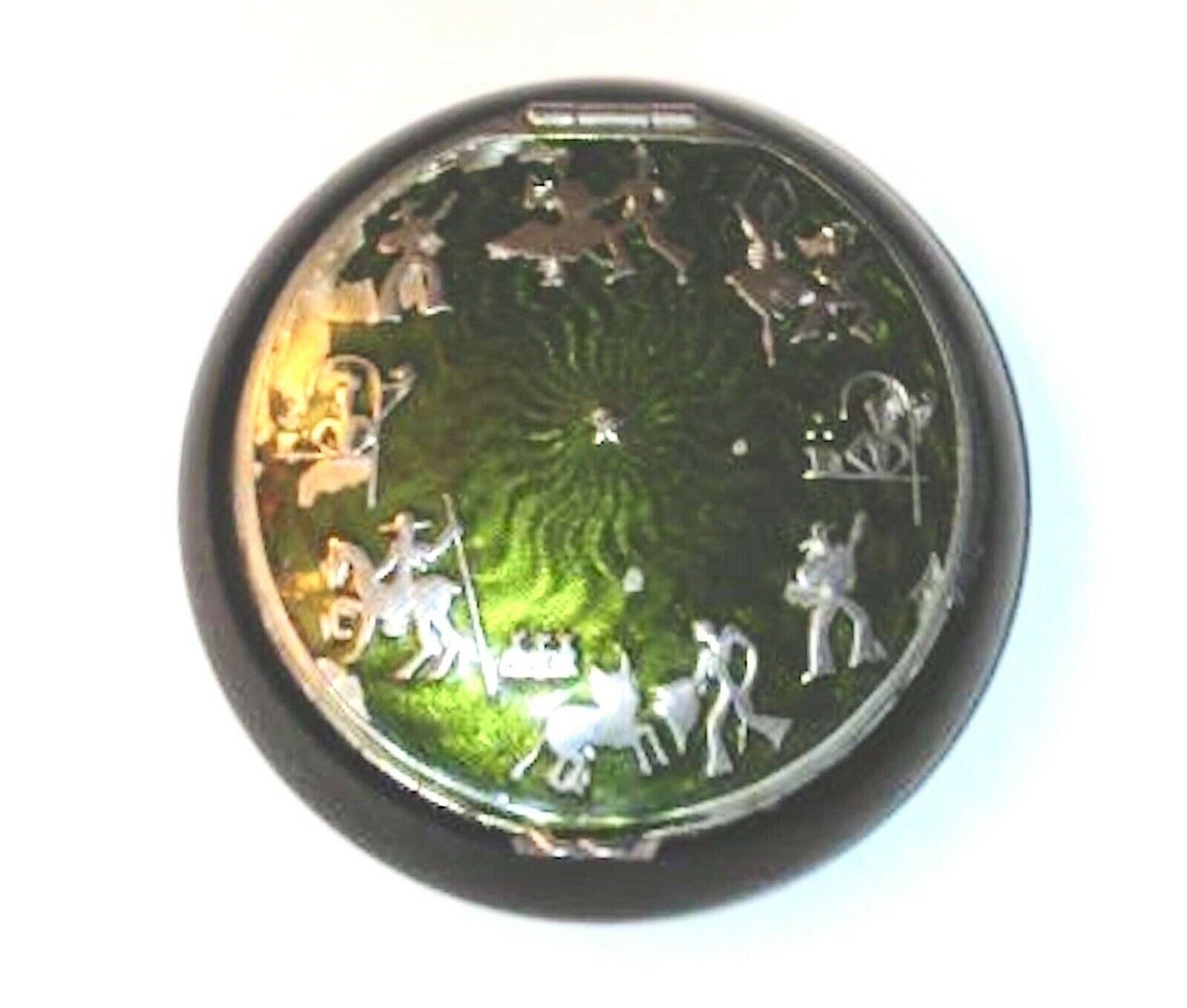 Rare Signed Terri Small Green Guilloche Bakelite Powder Compact Silver Figures