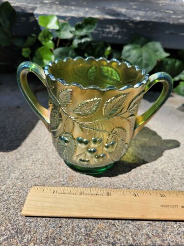 Antique Carnival Glass Millersburg Green Hanging Cherry Spooner Double Handled