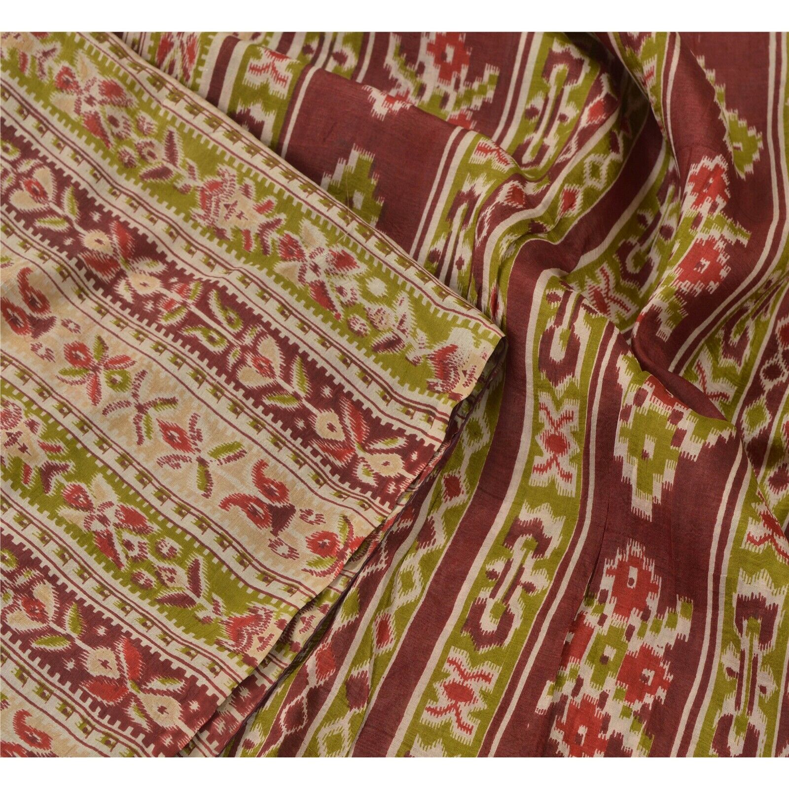 Sanskriti Vintage Cream Sarees 100% Pure Silk Printed Sari Craft Sewing Fabric