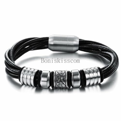 Black Men's Braided Leather Stainless Steel Cuff Bangle Magnetic Bracelet