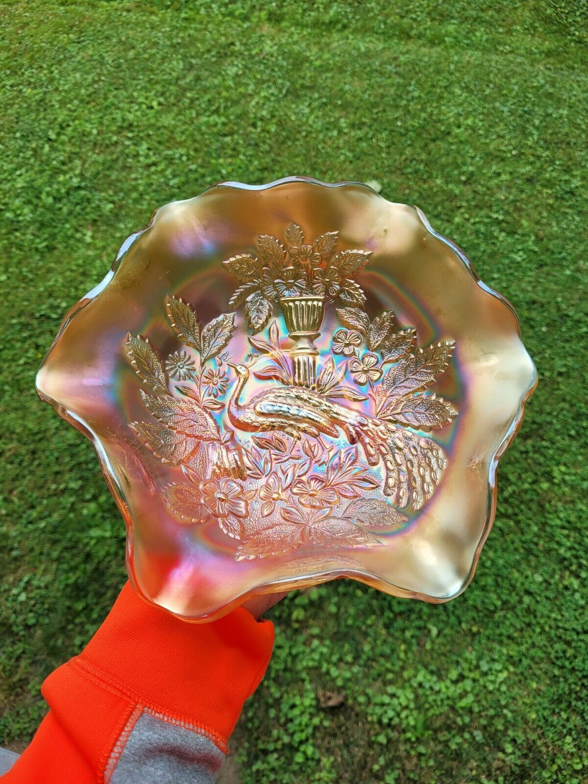 Marigold Millersburg Carnival Glass Peacock & Urn Large Ruffled Bowl